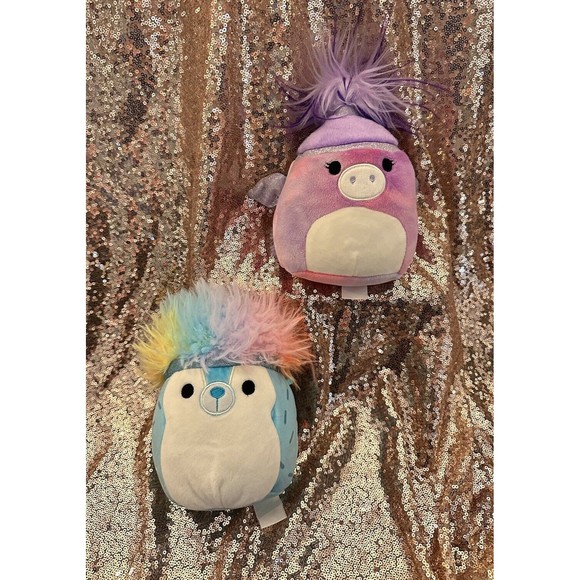 2 Squishmallows Kellytoy Jerry Teal Hedgehog + Willow Purple Pegasus Hair - Picture 1 of 4